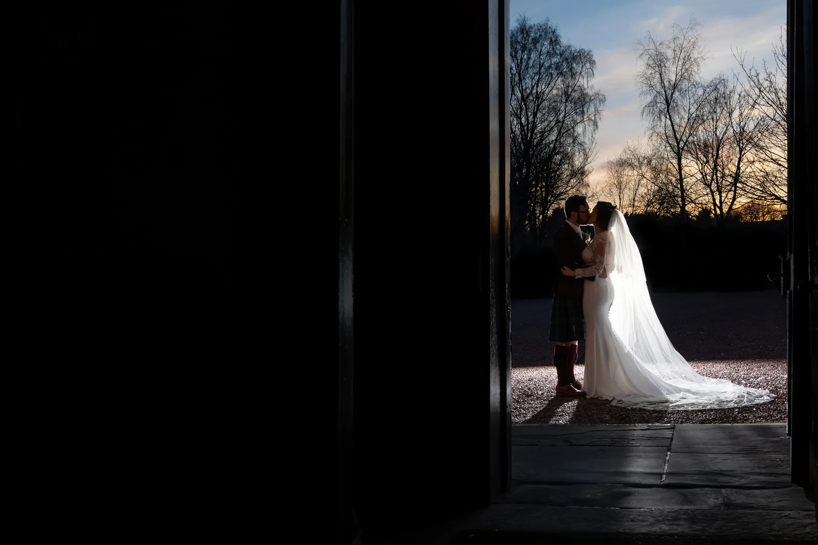 dalhousie castle wedding photographer bride and groom at sunset